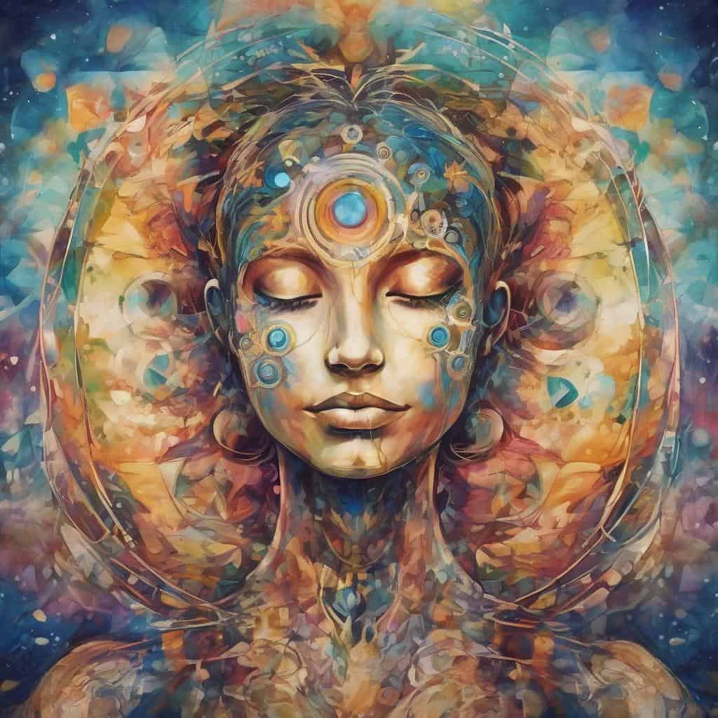 Ασπρόμαυρη εικονική τέχνη με πολύχρωμο, φανταστικό χαρακτήρα και πνευματική ευαισθησία.