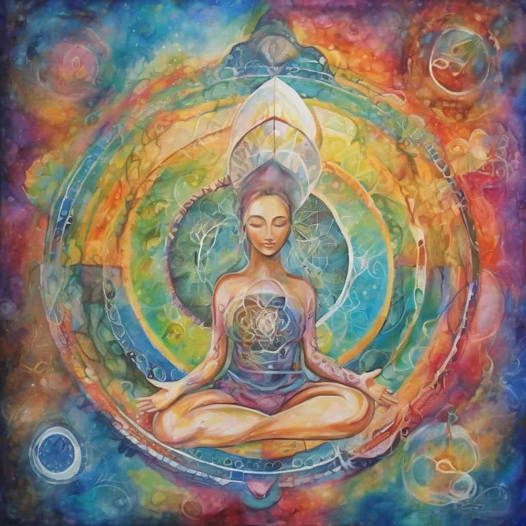 Ανθρώπινη μορφή σε διαλογισμό με έντονα χρώματα και συμβολικά μοτίβα.