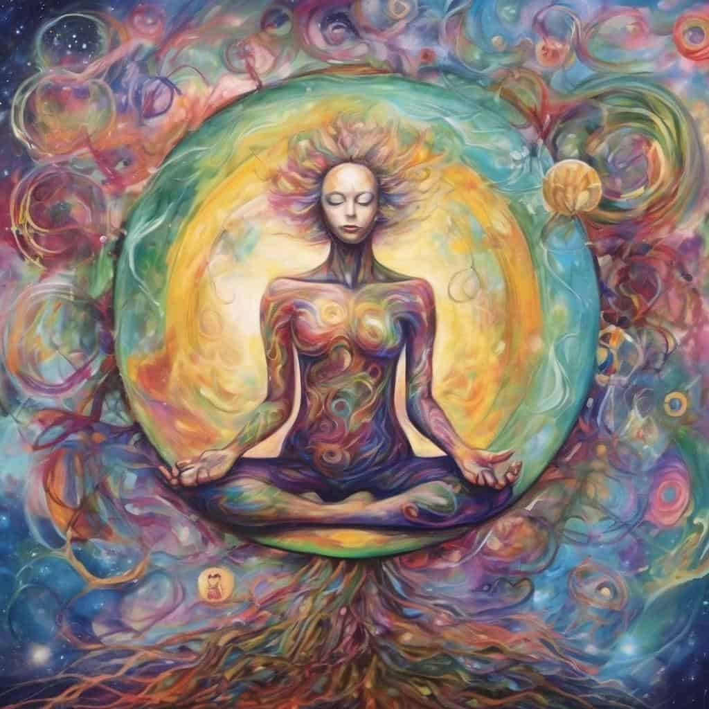 Άνθρωπος σε διαλογισμό με πολύχρωμο, αφηρημένο φόντο.