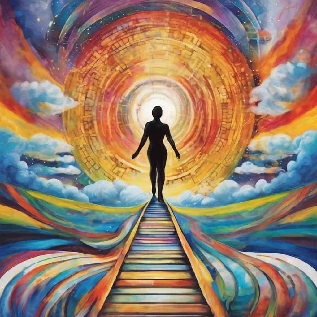 Άνθρωπος περπατά σε ταξίδι αυτογνωσίας σε χρωματικό τοπίο.