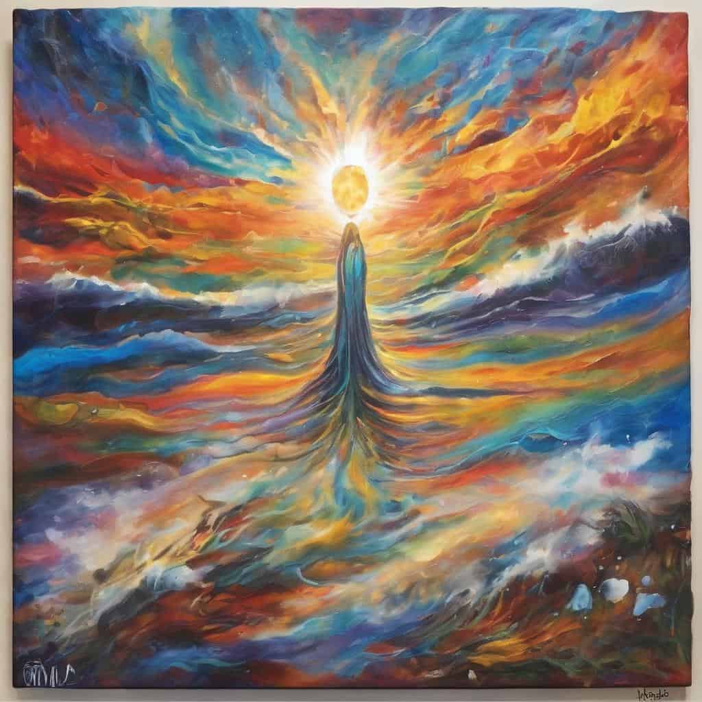 Οραματική τέχνη με φως και χρώματα, σύμβολα ζωής, ταξίδι προσωπικής ανάπτυξης.